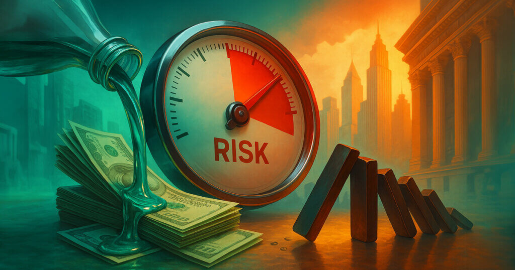 A bright, cinematic still-life shows green-tinted liquidity pouring over stacks of cash beside a metal gauge plunging toward red and a line of dominoes starting to fall against a teal-and-amber cityscape.