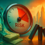 A bright, cinematic still-life shows green-tinted liquidity pouring over stacks of cash beside a metal gauge plunging toward red and a line of dominoes starting to fall against a teal-and-amber cityscape.