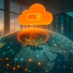 A luminous orange cloud hovers above a glowing, networked Earth as a bright circular shockwave ripples across continents, echoing through a sunlit data center.