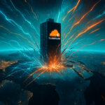 A towering Cloudflare server monolith erupts with teal and orange data streams over a glowing world map, symbolizing a centralized internet bottleneck triggering a dramatic, globally felt blackout.