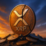 A giant shattered XRP coin glows with molten cracks as it rises from a field of scattered tokens under a blazing cinematic sunset and smoky skyline.