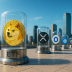 A sunlit rooftop plaza showcases a prominent Dogecoin capsule in front with XRP, Chainlink, and Solana capsules receding toward a bright blue skyline.