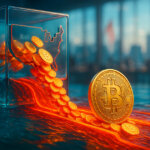 glowing Bitcoin coins streaming out of a glass U.S.-shaped vault into vivid orange channels, while calm teal water carries steady Solana and XRP tokens across a sunlit trading floor backdrop.