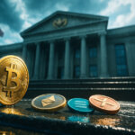 Four glossy crypto coins gleam on rain-slicked stone steps outside a grand federal building as shafts of cool light cut through storm clouds for a cinematic, high-contrast mood.