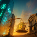 ETF towers with teal candlesticks facing a chained stone treasury as a golden Bitcoin tips on a brass scale beneath a bright cyan-to-amber sky and a descending red candlestick arc.