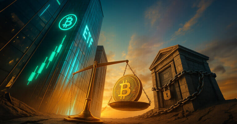 ETF towers with teal candlesticks facing a chained stone treasury as a golden Bitcoin tips on a brass scale beneath a bright cyan-to-amber sky and a descending red candlestick arc.