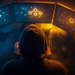 top-down cinematic shot of an anonymous hooded figure at a multi-monitor DeFi workstation, bathed in vivid teal–amber–magenta soft glows with subtle volumetric haze and no readable text, emphasizing abstract network graphs and a dramatic overhead perspective.