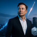 portrait shows Elon Musk on a city rooftop with cool teal, cobalt, and magenta rim light, a silver Ethereum emblem hovering near him,