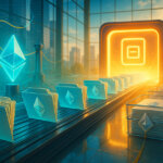 Ethereum-logo folders glide along a sunlit conveyor toward a glowing portal as tethered crystal ETH tokens rise from validator posts, symbolizing a staked ETH ETF filing surge.