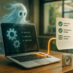 a sunlit office desk with a real metal-bodied laptop showing glowing teal gear icons, crisp key reflections, and detailed wood grain, as a translucent smoky “ghost” of cool blues wraps the screen while a luminous amber cable feeds into a floating checklist sheet beside a small matte desk clock, with bright bokeh greenery through glass behind.