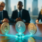 a modern boardroom where Bitcoin, Ethereum, and Solana coins glow with a vibrant soft teal light, symbolizing institutional integration with DeFi.