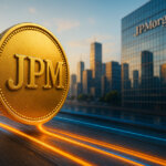 A hyper-realistic scene shows a smaller gold JPM coin gliding along neon-orange and blue rails through an ultrawide cityscape, with the glass facade of a JP Morgan building dominating the background.