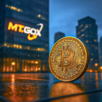 A low-angle cinematic shot shows a softly glowing golden Bitcoin standing on wet urban pavement at dusk, with the illuminated Mt. Gox logo on a glass skyscraper and vibrant teal-and-orange city lights reflecting subtly around it.