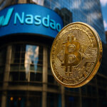 Nasdaq building facade with a floating glassy-textured Bitcoin coin in vibrant daylight