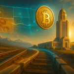 , brushed-gold Bitcoin coin with crisp milled edges replaces the token above Nebraska’s Capitol as luminous teal rails curve in from Wyoming under bright, cinematic light.