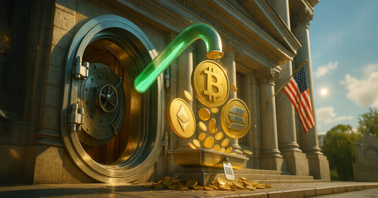 A sunlit neoclassical bank with an open vault receives a stream of Bitcoin, Ethereum, and Solana coins through a glowing green conduit, symbolizing regulatory clearance for custody.