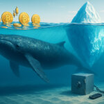 Sunlit turquoise water reveals a colossal whale cruising beneath floating gold Bitcoin coins, while a gleaming vault and hardware wallet rest on the bright seabed, hinting that most activity remains hidden below the surface.