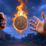 A flaming Bitcoin coin hovers between a clenched fist and an open hand, with red-green market boards glowing in a smoky, stormy background.