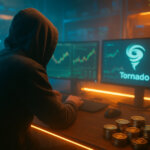 hacker den with dramatic LED strip lighting and soft glow where a hooded figure faces three monitors of charts and a vortex icon, while neatly stacked Ethereum coins gleam on the wooden desk.