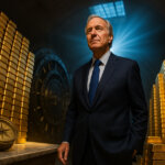 Ray Dalio in a navy suit amid towering gold bars and a brass compass with cool skylight beams cutting through warm reflections.