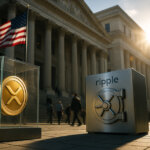 a grand U.S. neoclassical building where a glass case with a glowing gold XRP coin and a stainless Ripple vault sit on the plaza, bathed in vivid daylight with a soft cinematic bloom and the American flag rippling above.