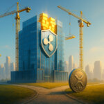 A bright cinematic cityscape shows a glass and steel fortress with the Ripple logo being reinforced by cranes stacking glowing gold blocks, while an XRP coin sits at a fork in the path suggesting uncertainty about its direction.