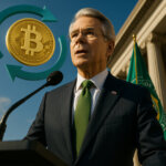 A low-angle wide shot on the Treasury steps shows Scott Bessent at a plain podium between U.S. and Treasury flags as a luminous gold Bitcoin medallion spins within a teal 180° arrow behind him under bright sky.