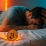 A man lies face-down on a bed in distress while a glowing Bitcoin coin stands upright in the foreground, illuminated by warm orange light.