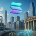 Solana logo glowing above sleek skyscrapers, bright sunlight and soft cinematic glows reflecting off steel pipes and glass towers for a dramatic yet realistic atmosphere.