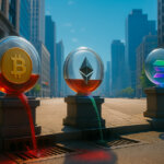 BTC/ETH spheres pour vivid red outflows and SOL glows with subtle emerald uplift under a soft cinematic sheen.