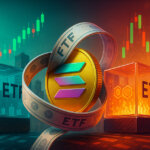 A luminous Solana coin wrapped by a Möbius strip sits between teal and orange ETF cubes as bright green and red candlestick charts rise across the skyline, replacing the previous arrows to emphasize active market trading.