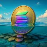 A giant Solana coin with iridescent teal-purple glow sits 80% submerged beneath a bright turquoise waterline under a vivid midday sky, symbolizing most of the supply being underwater.