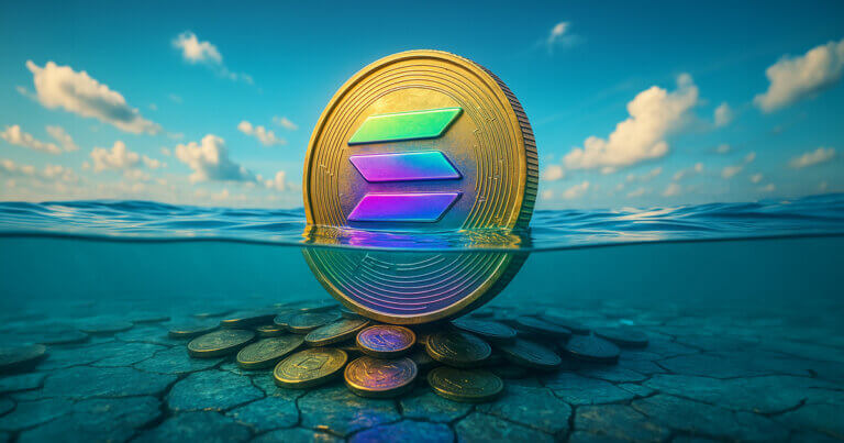 A giant Solana coin with iridescent teal-purple glow sits 80% submerged beneath a bright turquoise waterline under a vivid midday sky, symbolizing most of the supply being underwater.