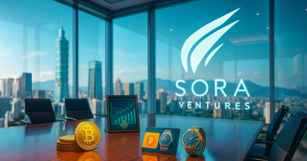 A sunlit glass-walled boardroom features the Sora Ventures logo glowing on the window as Bitcoin coins and a luxury watch gift card sit on a polished table with a distant city skyline beyond.