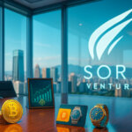 A sunlit glass-walled boardroom features the Sora Ventures logo glowing on the window as Bitcoin coins and a luxury watch gift card sit on a polished table with a distant city skyline beyond.