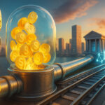 A bright cityscape shows a glass reservoir of glowing stablecoins feeding a silver pipeline that splits into a Bitcoin rocket launch on one side and sleek digital bank rails on the other.