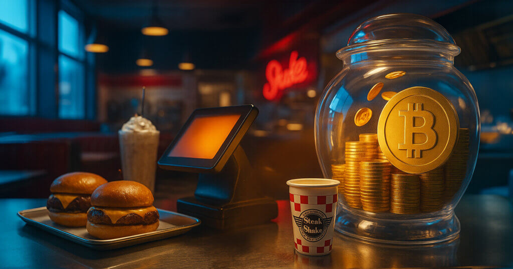 diner countertop shows sizzling steakburgers and a milkshake beside a glowing POS that funnels golden Bitcoin through a clear tube into a glass reserve jar embossed with the ₿ logo.