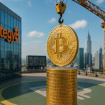 Hyper-real rooftop helipad scene with a crane lowering a gleaming gold Bitcoin onto a tall stack beside a glass headquarters facade featuring the Strategy logo, against a bright blue skyline with crisp reflections and vivid teal–orange accents.