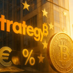 A glowing orange Strategy logo reflects across a glass tower as a gleaming Bitcoin coin, euro symbol, and embossed share certificates sit in warm cinematic daylight with EU stars and a soft-focus U.S. flag hinting at transatlantic preferred-share funding.