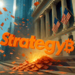 A glossy 3D “Strategy₿” logo slams into the marble steps of a neoclassical exchange as orange slips whirl through a sunlit canyon of glass towers and fluttering flags.