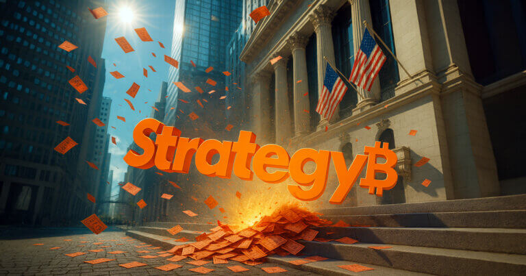 A glossy 3D “Strategy₿” logo slams into the marble steps of a neoclassical exchange as orange slips whirl through a sunlit canyon of glass towers and fluttering flags.