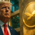 A low-angle, hyper-realistic atrium shot shows Donald Trump in sharp three-quarter profile with a gleaming WLFI coin bearing the golden hawk logo embossed on a circular medallion in the blurred background.
