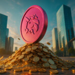 Low-angle wide shot of a monumental magenta Uniswap coin rising from a gleaming mound of gold tokens in a sunlit city plaza, with teal glass towers and a bright sky creating a vivid, cinematic scene.