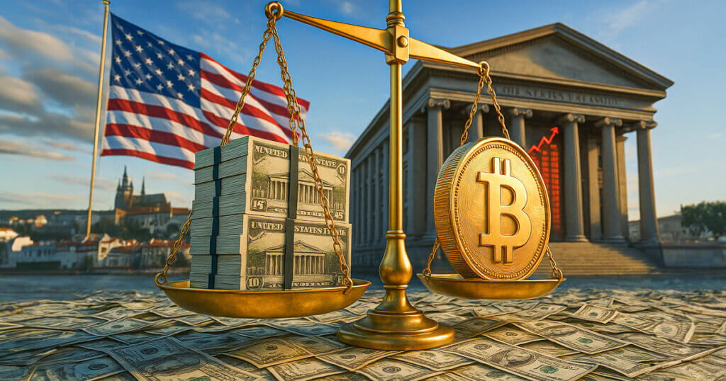 a golden Bitcoin weighing against towering stacks of U.S. bonds on a balance scale before the Treasury building and flag, symbolizing debt growth measured in BTC.