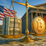 a golden Bitcoin weighing against towering stacks of U.S. bonds on a balance scale before the Treasury building and flag, symbolizing debt growth measured in BTC.