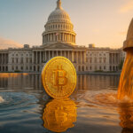 Two large metal pipes pour blue and orange water into the Capitol Reflecting Pool as a golden Bitcoin rises before the illuminated U.S. Capitol under a glowing sunset sky.