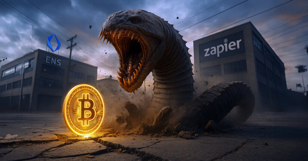 A massive sandworm-like creature erupts from the cracked ground, towering behind a glowing Bitcoin coin, with ENS and Zapier buildings in the background under a stormy sky.
