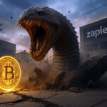 A massive sandworm-like creature erupts from the cracked ground, towering behind a glowing Bitcoin coin, with ENS and Zapier buildings in the background under a stormy sky.