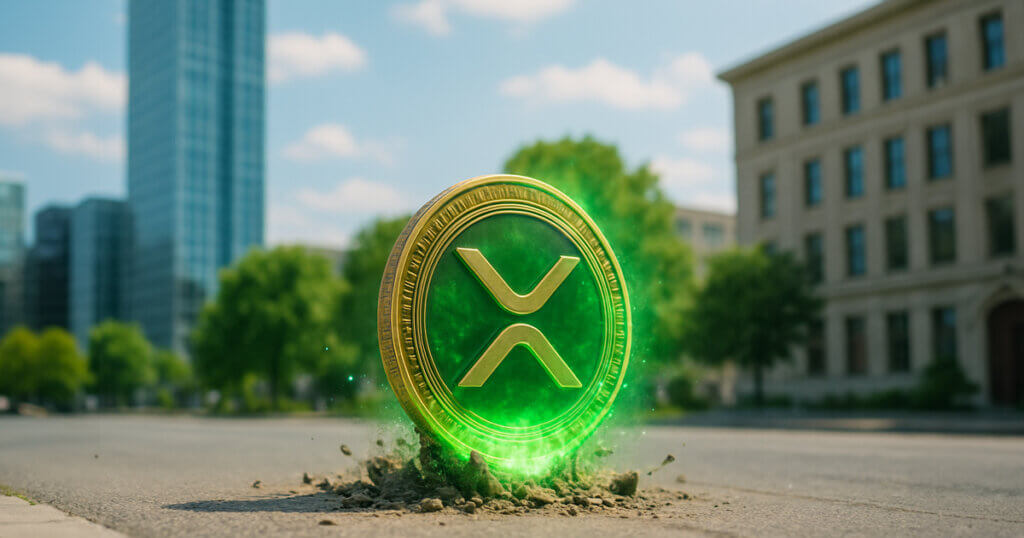 glowing XRP coin erupts from a city street with bright green energy, surrounded by flying dust and debris, while tall buildings and trees stand in the background under a clear sky.