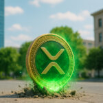glowing XRP coin erupts from a city street with bright green energy, surrounded by flying dust and debris, while tall buildings and trees stand in the background under a clear sky.